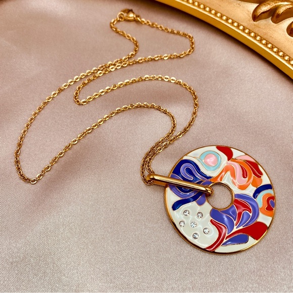 18K Gold Titanium Steel Orchid Bloom Medallion Pendant Dainty Chain Necklace - Picture 2 of 9